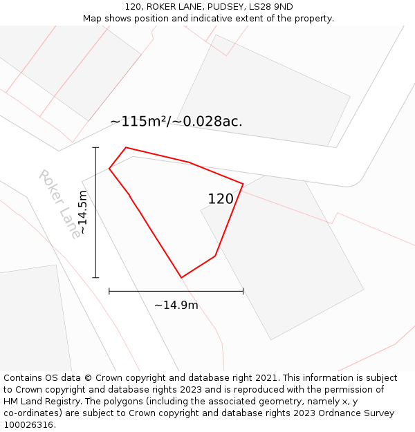 120, ROKER LANE, PUDSEY, LS28 9ND: Plot and title map