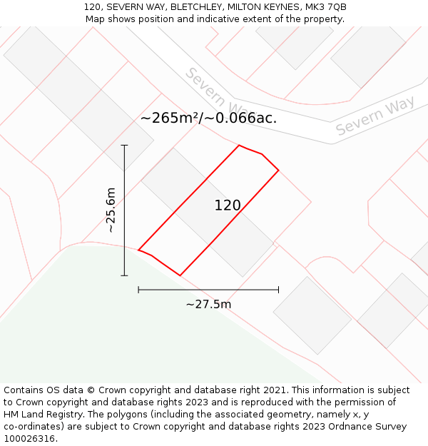 120, SEVERN WAY, BLETCHLEY, MILTON KEYNES, MK3 7QB: Plot and title map