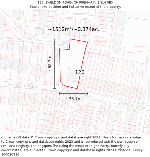 120, SHELDON ROAD, CHIPPENHAM, SN14 0BX: Plot and title map