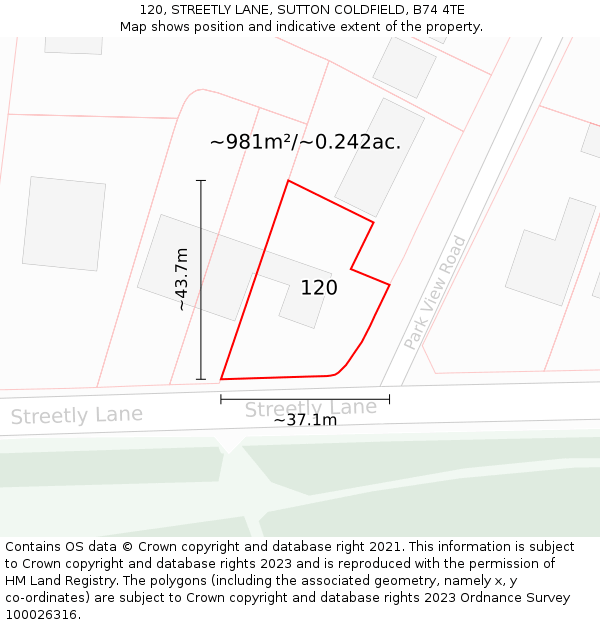 120, STREETLY LANE, SUTTON COLDFIELD, B74 4TE: Plot and title map