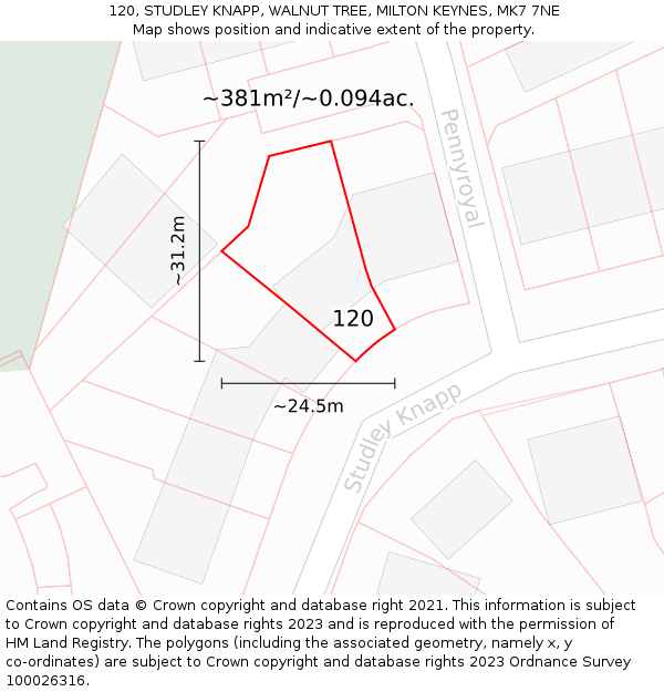 120, STUDLEY KNAPP, WALNUT TREE, MILTON KEYNES, MK7 7NE: Plot and title map