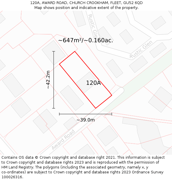 120A, AWARD ROAD, CHURCH CROOKHAM, FLEET, GU52 6QD: Plot and title map