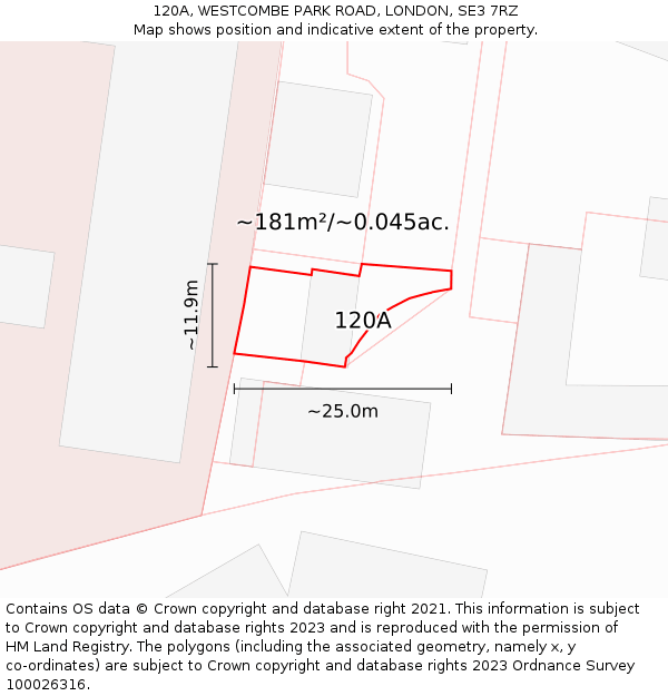 120A, WESTCOMBE PARK ROAD, LONDON, SE3 7RZ: Plot and title map