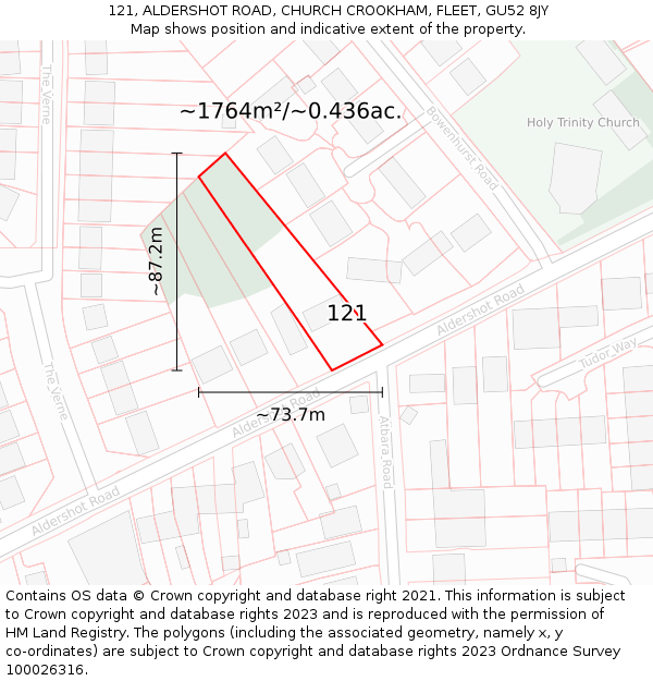 121, ALDERSHOT ROAD, CHURCH CROOKHAM, FLEET, GU52 8JY: Plot and title map
