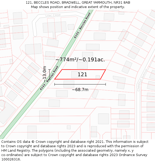 121, BECCLES ROAD, BRADWELL, GREAT YARMOUTH, NR31 8AB: Plot and title map