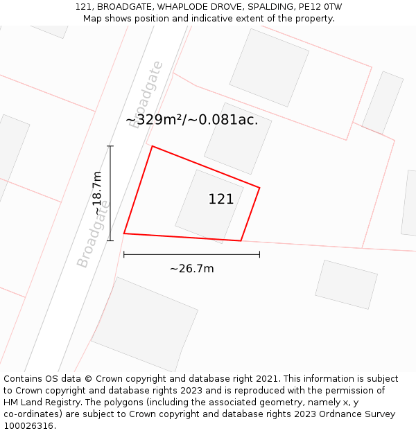 121, BROADGATE, WHAPLODE DROVE, SPALDING, PE12 0TW: Plot and title map