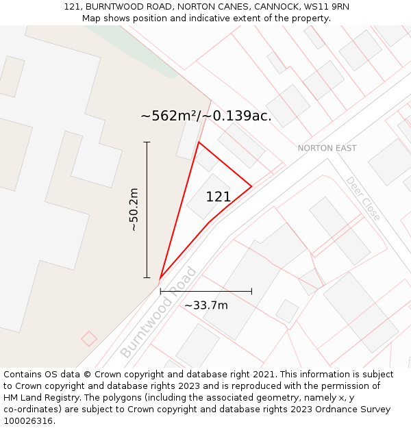 121, BURNTWOOD ROAD, NORTON CANES, CANNOCK, WS11 9RN: Plot and title map