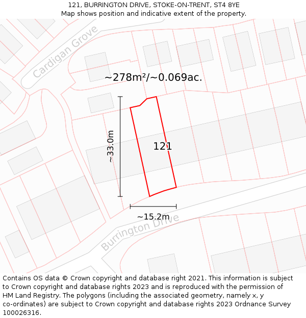 121, BURRINGTON DRIVE, STOKE-ON-TRENT, ST4 8YE: Plot and title map