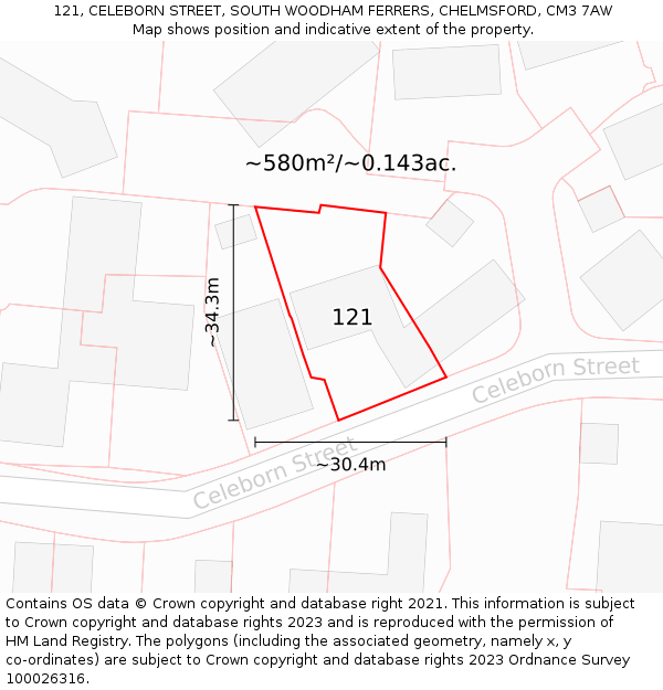 121, CELEBORN STREET, SOUTH WOODHAM FERRERS, CHELMSFORD, CM3 7AW: Plot and title map