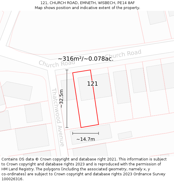 121, CHURCH ROAD, EMNETH, WISBECH, PE14 8AF: Plot and title map