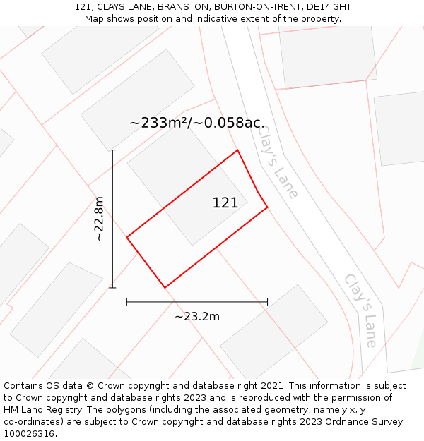 121, CLAYS LANE, BRANSTON, BURTON-ON-TRENT, DE14 3HT: Plot and title map