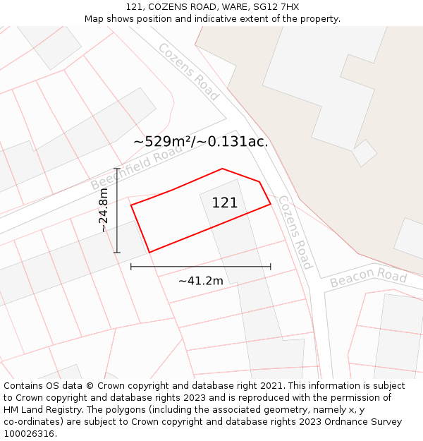 121, COZENS ROAD, WARE, SG12 7HX: Plot and title map