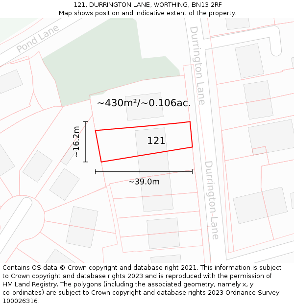 121, DURRINGTON LANE, WORTHING, BN13 2RF: Plot and title map