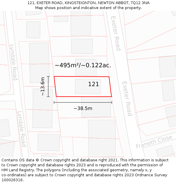 121, EXETER ROAD, KINGSTEIGNTON, NEWTON ABBOT, TQ12 3NA: Plot and title map
