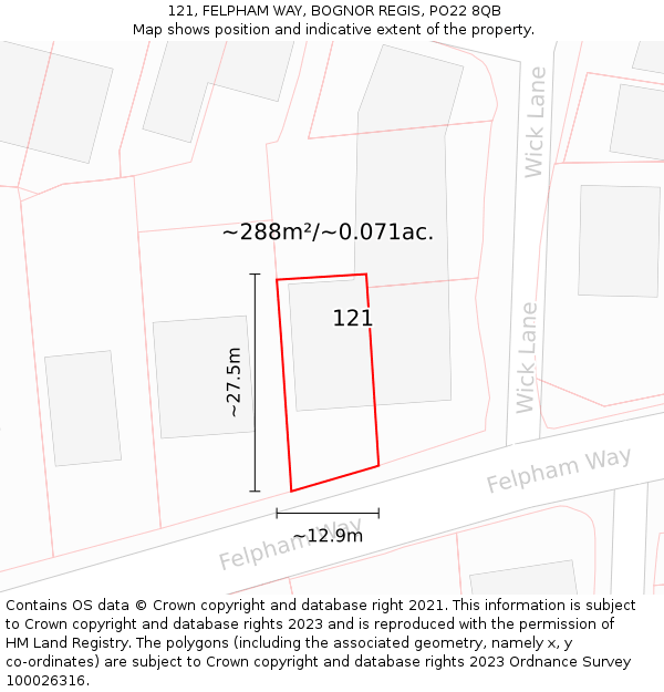 121, FELPHAM WAY, BOGNOR REGIS, PO22 8QB: Plot and title map
