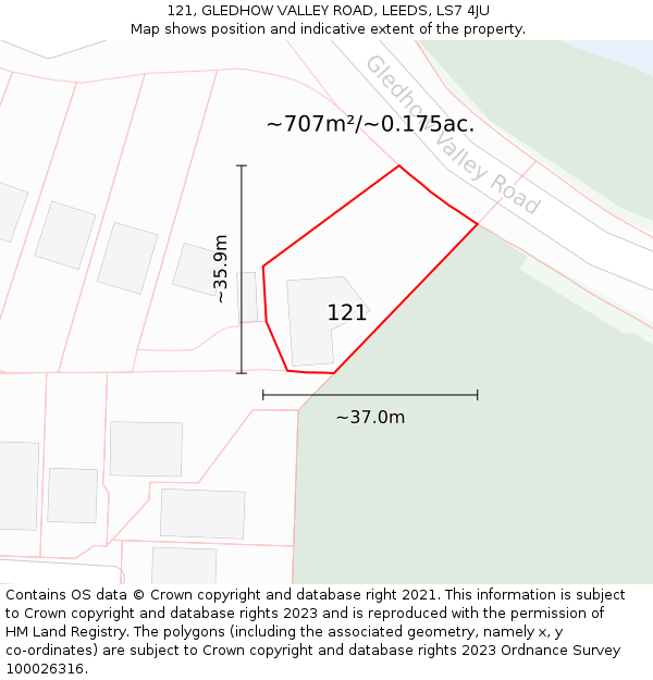 121, GLEDHOW VALLEY ROAD, LEEDS, LS7 4JU: Plot and title map