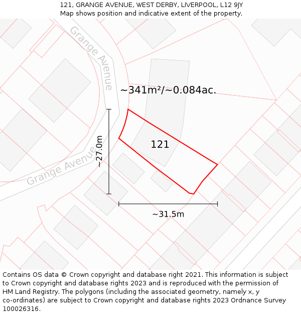 121, GRANGE AVENUE, WEST DERBY, LIVERPOOL, L12 9JY: Plot and title map