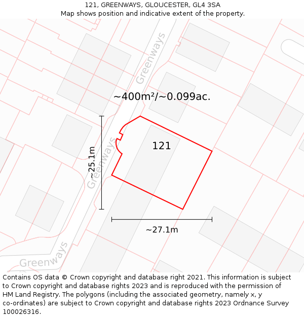 121, GREENWAYS, GLOUCESTER, GL4 3SA: Plot and title map