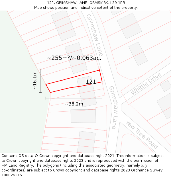 121, GRIMSHAW LANE, ORMSKIRK, L39 1PB: Plot and title map