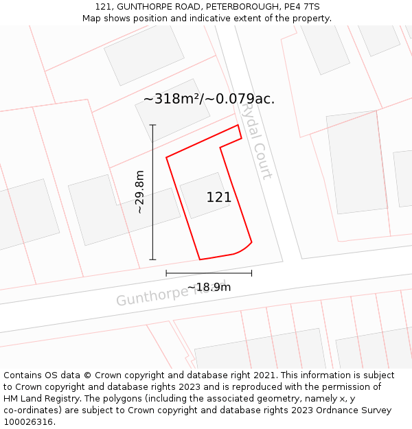 121, GUNTHORPE ROAD, PETERBOROUGH, PE4 7TS: Plot and title map