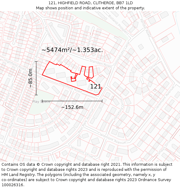 121, HIGHFIELD ROAD, CLITHEROE, BB7 1LD: Plot and title map
