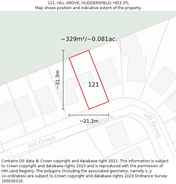121, HILL GROVE, HUDDERSFIELD, HD3 3TL: Plot and title map