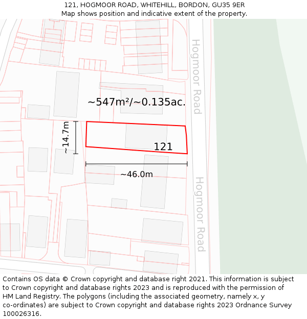 121, HOGMOOR ROAD, WHITEHILL, BORDON, GU35 9ER: Plot and title map