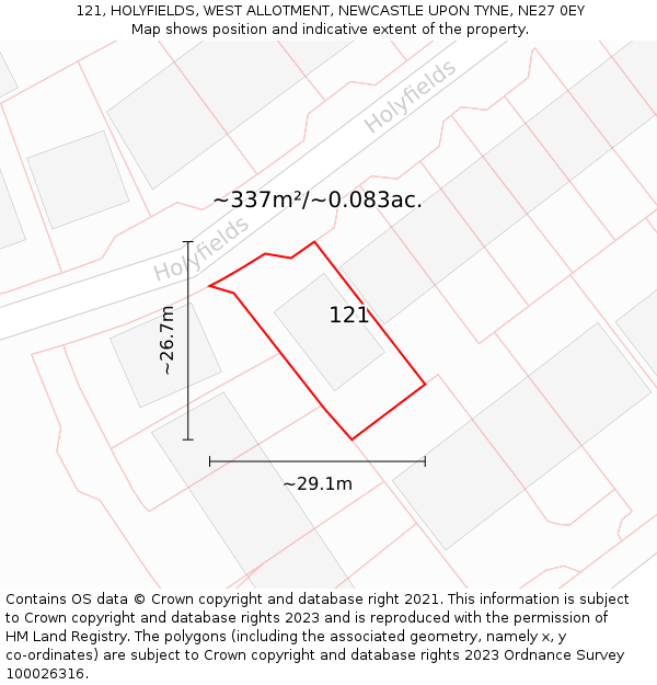 121, HOLYFIELDS, WEST ALLOTMENT, NEWCASTLE UPON TYNE, NE27 0EY: Plot and title map