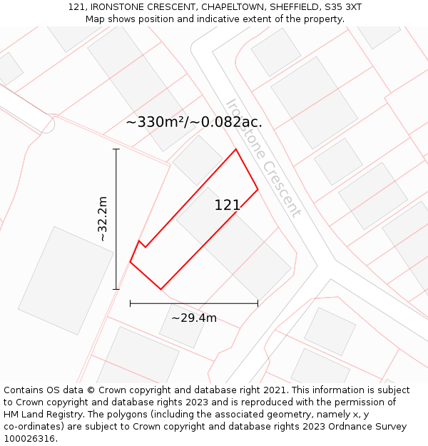 121, IRONSTONE CRESCENT, CHAPELTOWN, SHEFFIELD, S35 3XT: Plot and title map