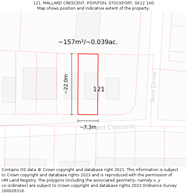 121, MALLARD CRESCENT, POYNTON, STOCKPORT, SK12 1XG: Plot and title map
