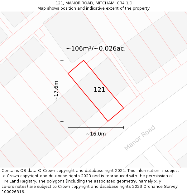 121, MANOR ROAD, MITCHAM, CR4 1JD: Plot and title map