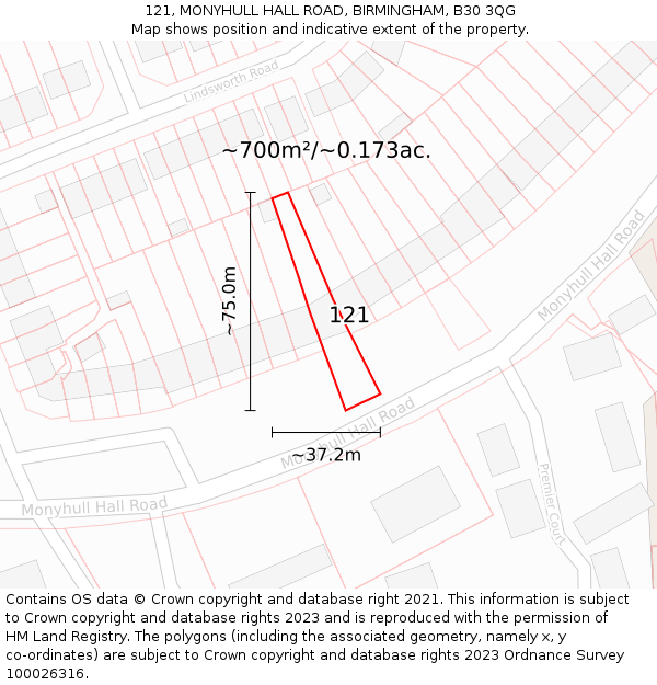 121, MONYHULL HALL ROAD, BIRMINGHAM, B30 3QG: Plot and title map