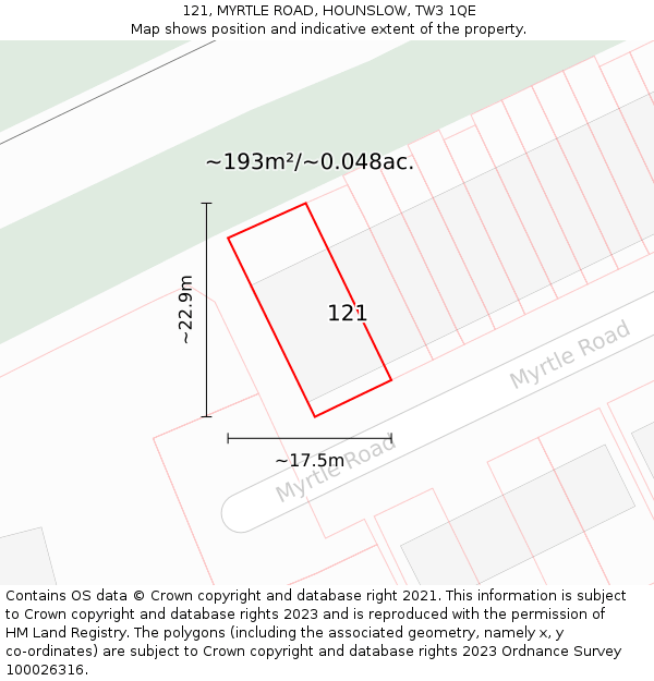 121, MYRTLE ROAD, HOUNSLOW, TW3 1QE: Plot and title map