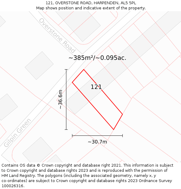 121, OVERSTONE ROAD, HARPENDEN, AL5 5PL: Plot and title map