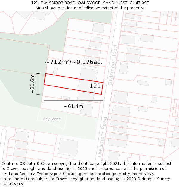 121, OWLSMOOR ROAD, OWLSMOOR, SANDHURST, GU47 0ST: Plot and title map