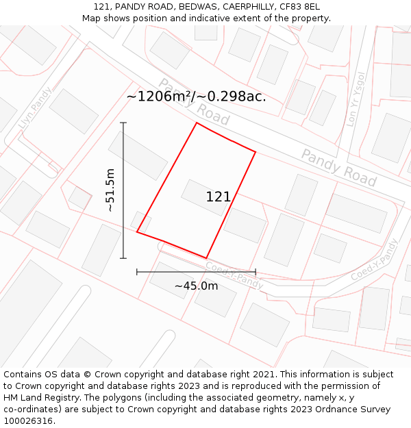 121, PANDY ROAD, BEDWAS, CAERPHILLY, CF83 8EL: Plot and title map