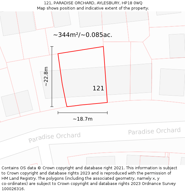 121, PARADISE ORCHARD, AYLESBURY, HP18 0WQ: Plot and title map
