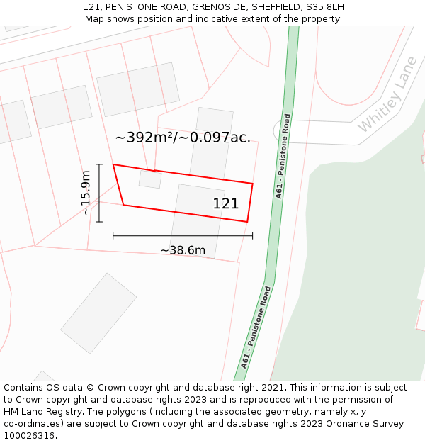 121, PENISTONE ROAD, GRENOSIDE, SHEFFIELD, S35 8LH: Plot and title map