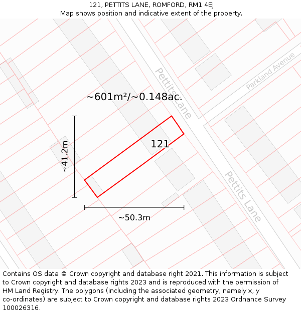 121, PETTITS LANE, ROMFORD, RM1 4EJ: Plot and title map