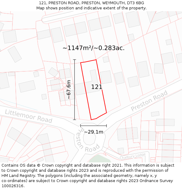 121, PRESTON ROAD, PRESTON, WEYMOUTH, DT3 6BG: Plot and title map