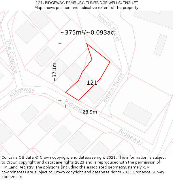 121, RIDGEWAY, PEMBURY, TUNBRIDGE WELLS, TN2 4ET: Plot and title map
