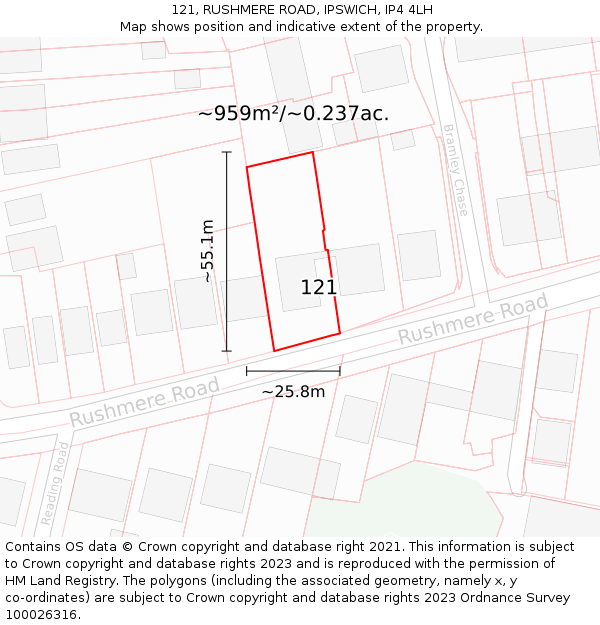 121, RUSHMERE ROAD, IPSWICH, IP4 4LH: Plot and title map