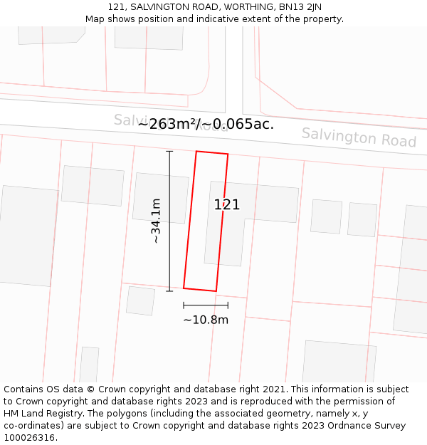 121, SALVINGTON ROAD, WORTHING, BN13 2JN: Plot and title map