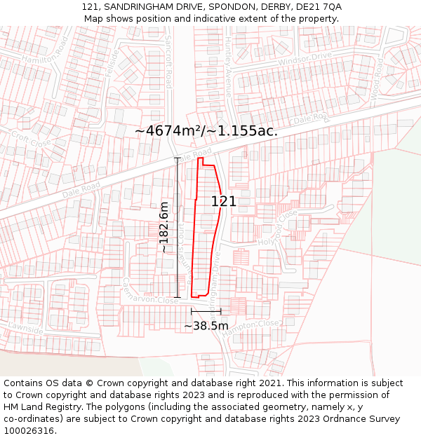 121, SANDRINGHAM DRIVE, SPONDON, DERBY, DE21 7QA: Plot and title map