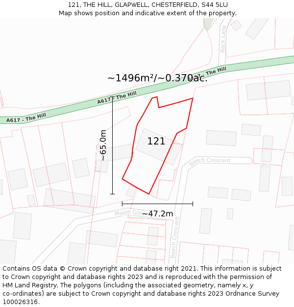 121, THE HILL, GLAPWELL, CHESTERFIELD, S44 5LU: Plot and title map