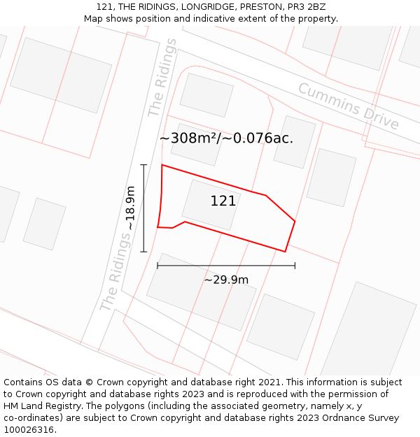 121, THE RIDINGS, LONGRIDGE, PRESTON, PR3 2BZ: Plot and title map