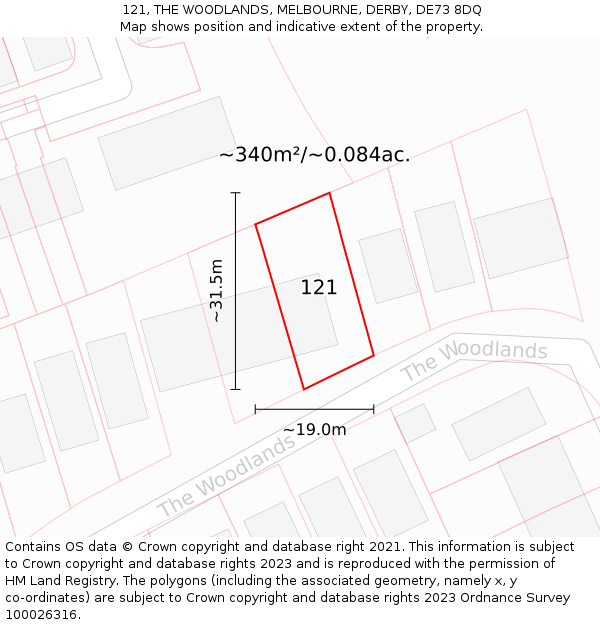 121, THE WOODLANDS, MELBOURNE, DERBY, DE73 8DQ: Plot and title map