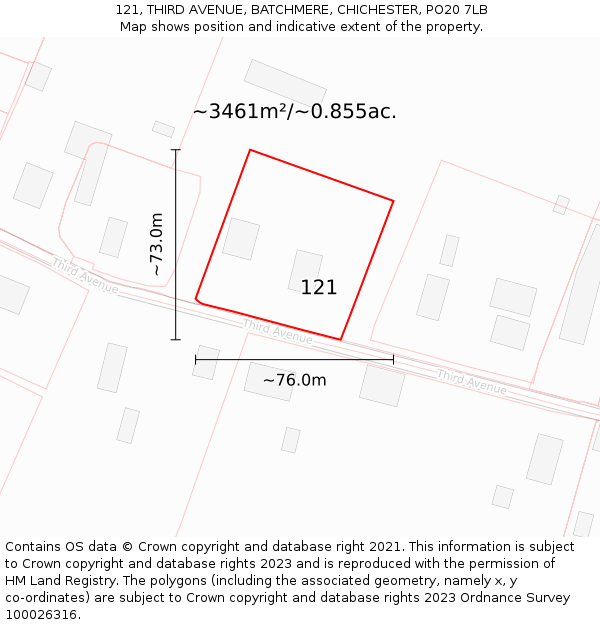 121, THIRD AVENUE, BATCHMERE, CHICHESTER, PO20 7LB: Plot and title map
