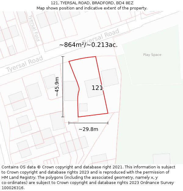 121, TYERSAL ROAD, BRADFORD, BD4 8EZ: Plot and title map