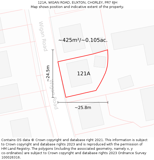 121A, WIGAN ROAD, EUXTON, CHORLEY, PR7 6JH: Plot and title map